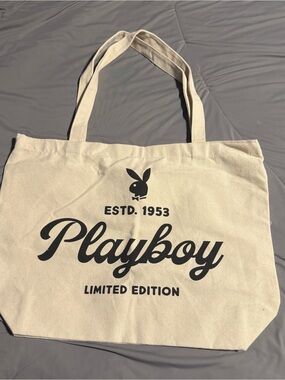 PLAYBOY Cream Canvas Tote with Black Logo